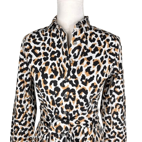 J. Crew leopard print tie-waist shirt dress pockets long sleeve buttons collar 2 - Picture 5 of 16